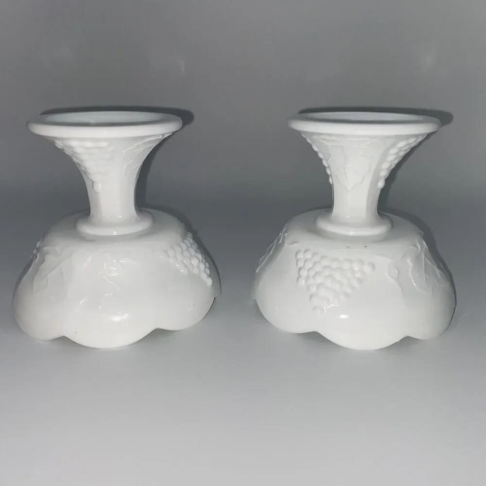 Pair of Vintage Indiana Colony Harvest Grape Milk Glass Pedestal Candle Holder